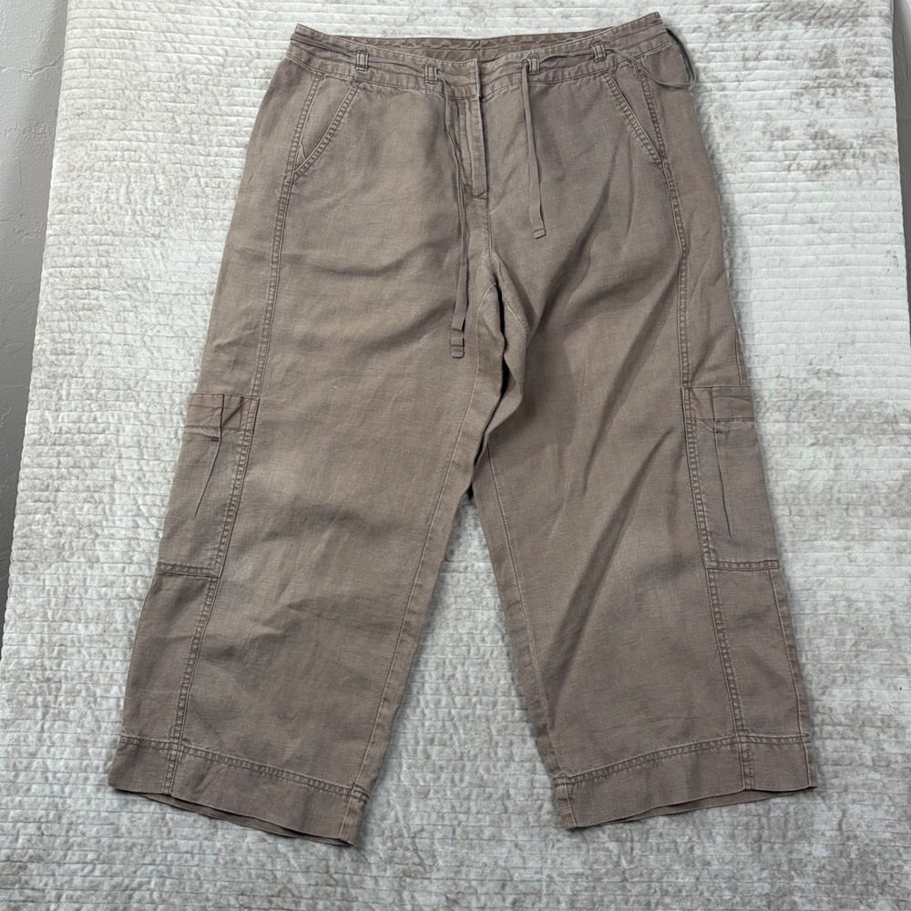 J. Jill Womens 12 Brown 100% Linen Cargo Pants Cropped Wide Leg Drawstring Taupe